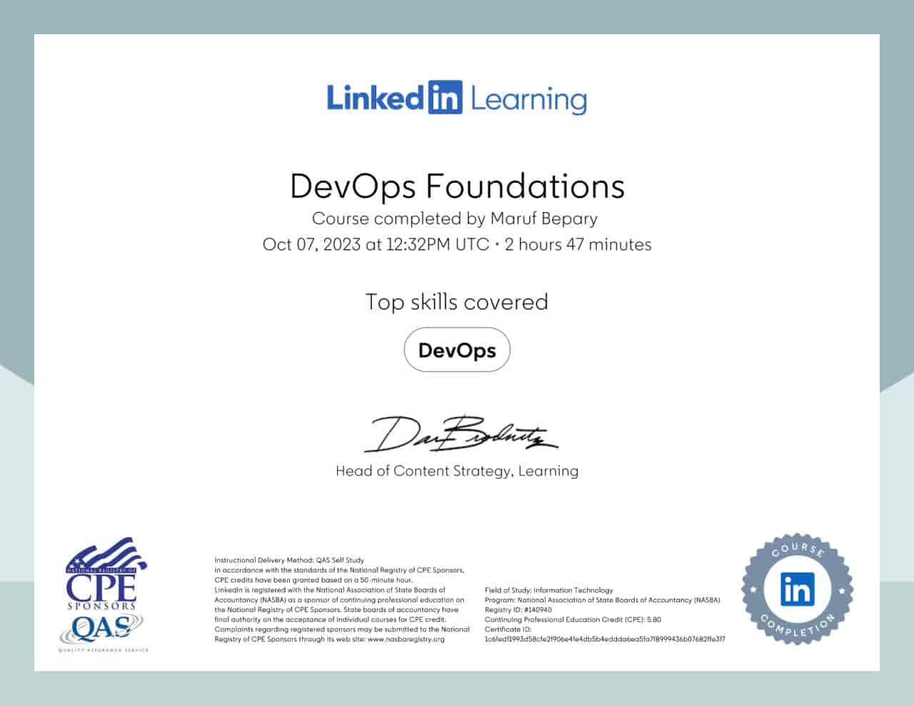 DevOps Foundations certificate image