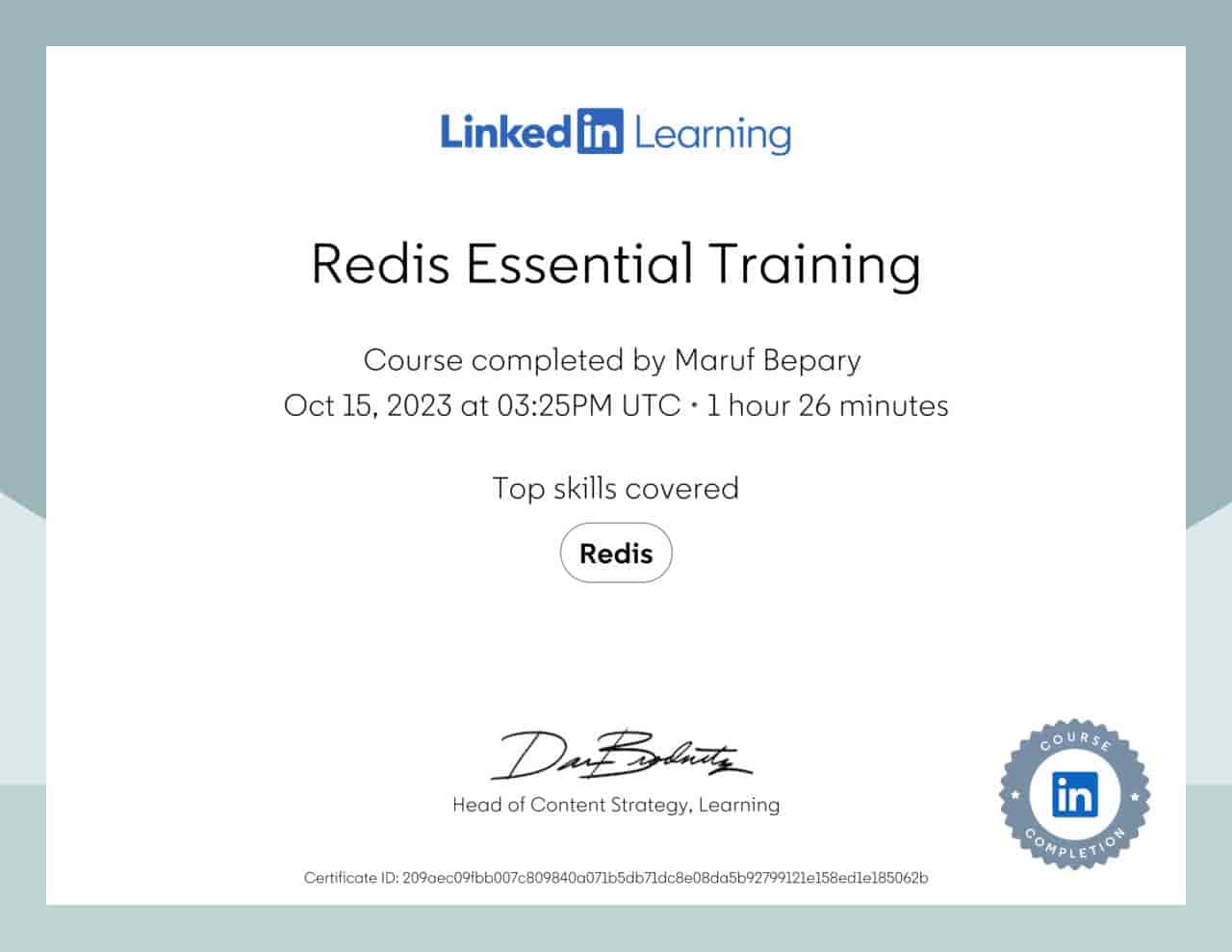 Redis Essential Training certificate image