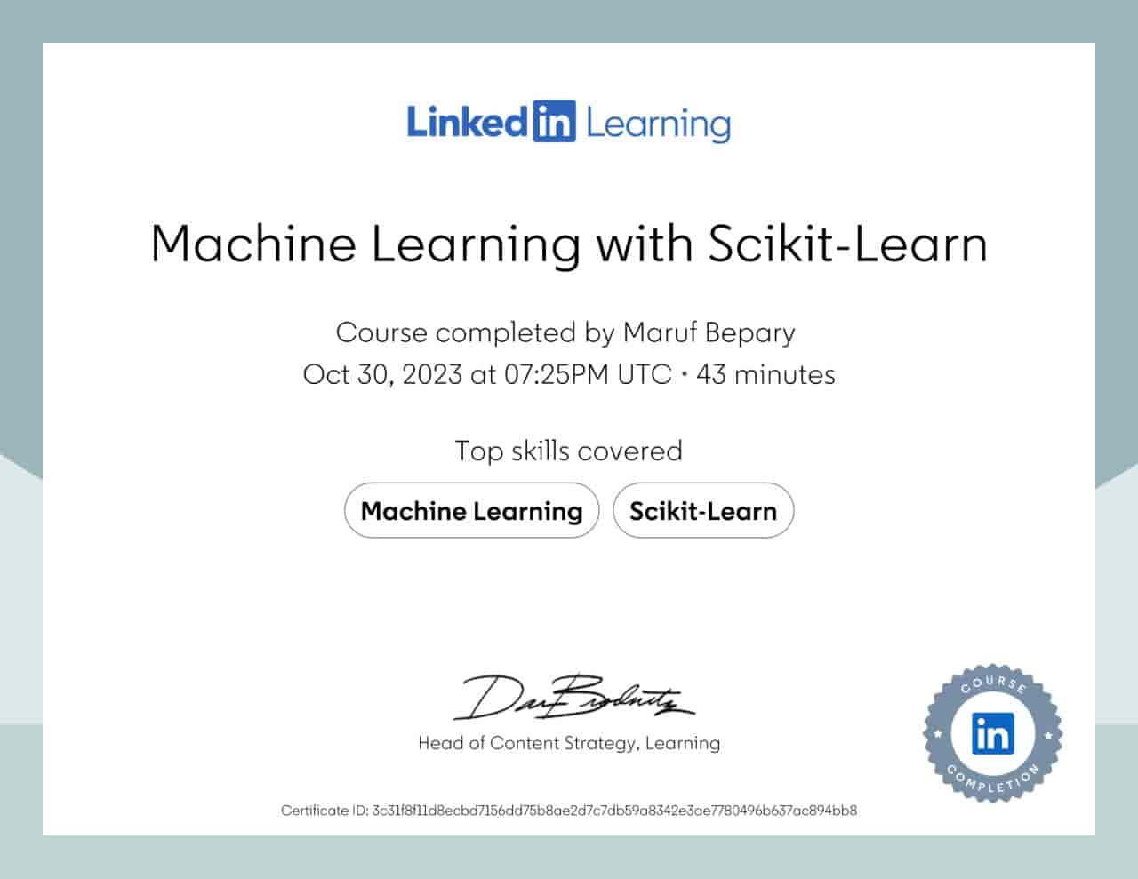 Machine Learning with Scikit-Learn certificate image