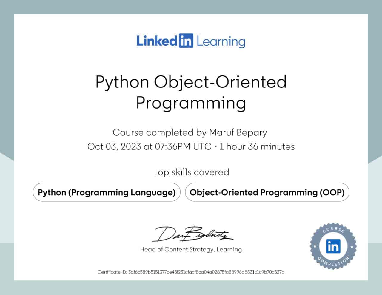 Python Object-Oriented Programming certificate image