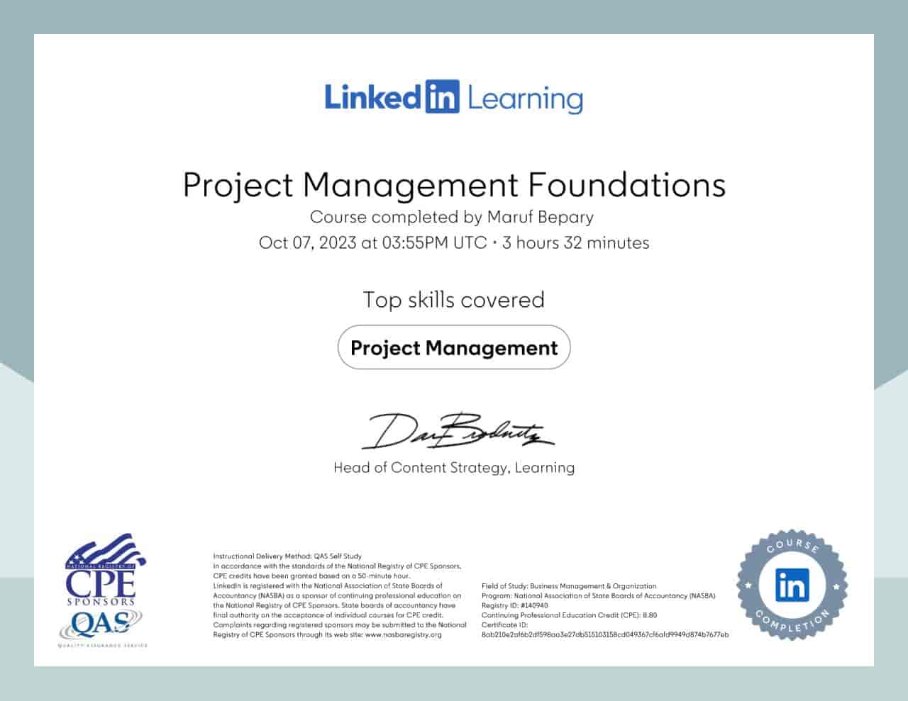 Project Management Foundations certificate image