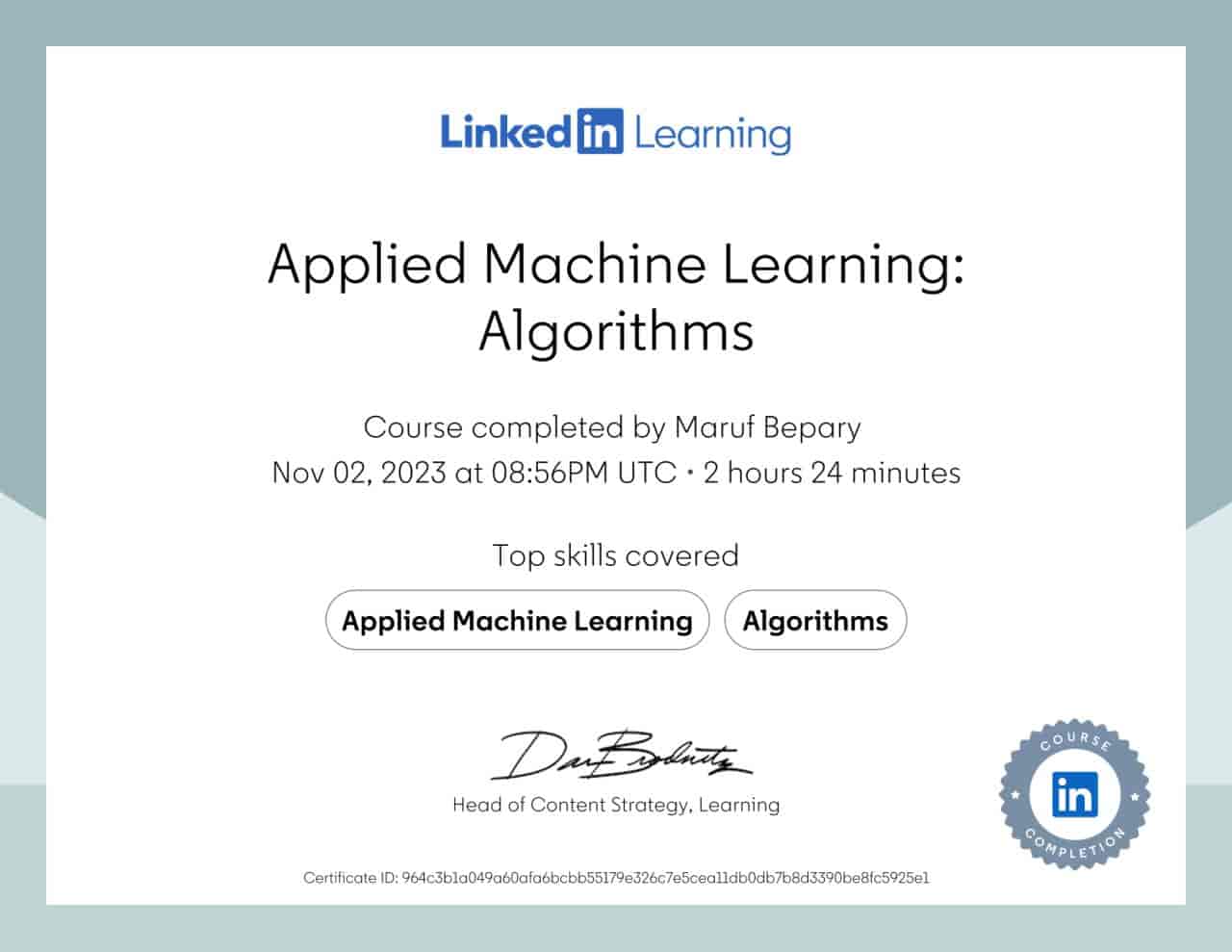 Applied Machine Learning: Algorithms certificate image