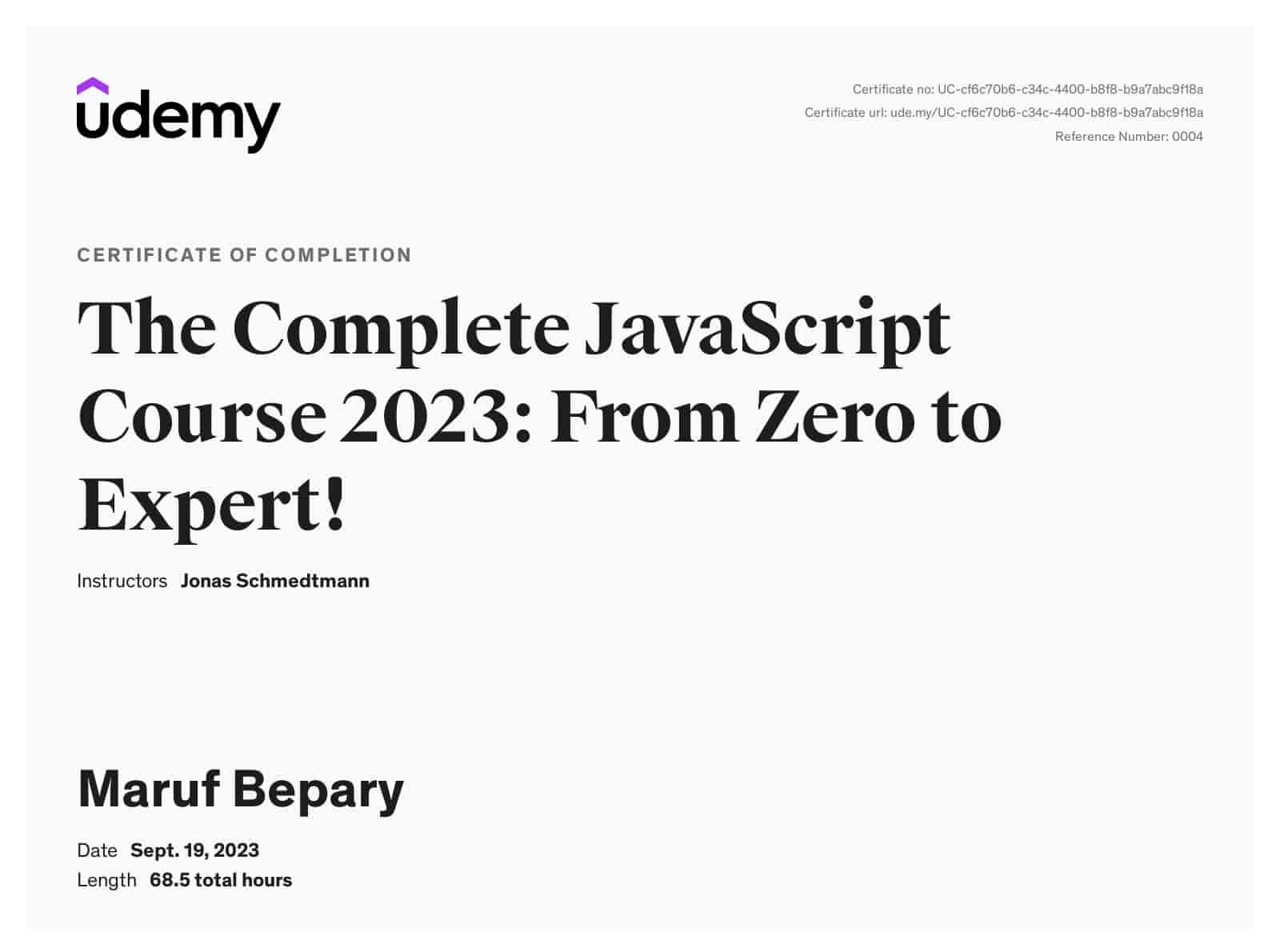 The Complete JavaScript Course 2023: From Zero to Expert! certificate image