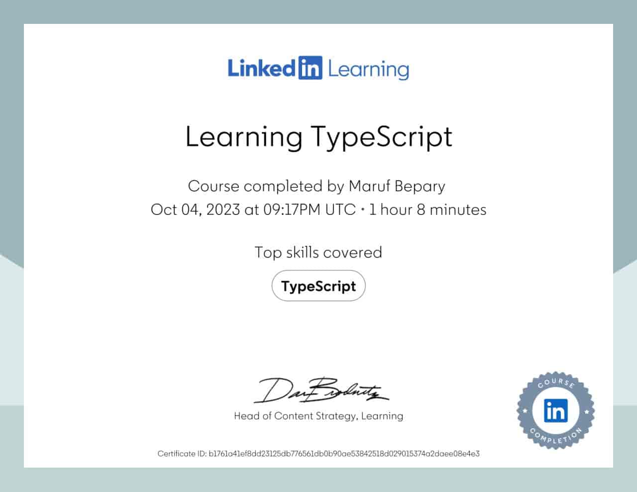 Learning TypeScript certificate image