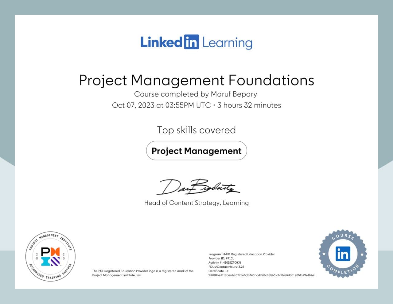 Project Management Foundations certificate image