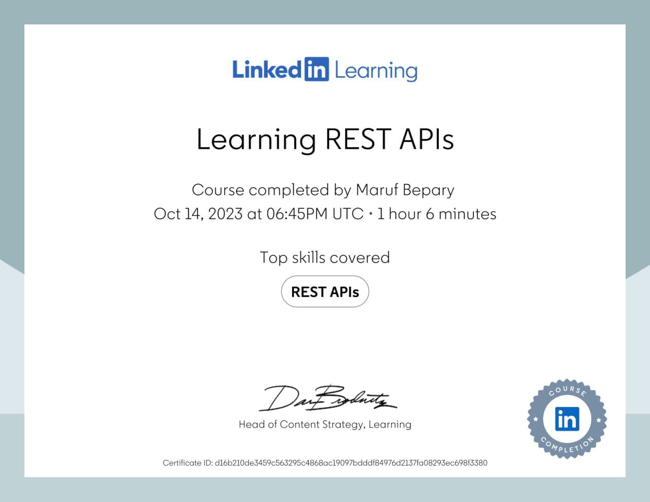 Learning REST APIs certificate image